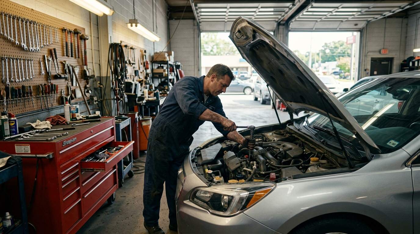 Mekaniker bøjet ind under motorhjelmen på en sølvgrå bil på et lyst autoværksted